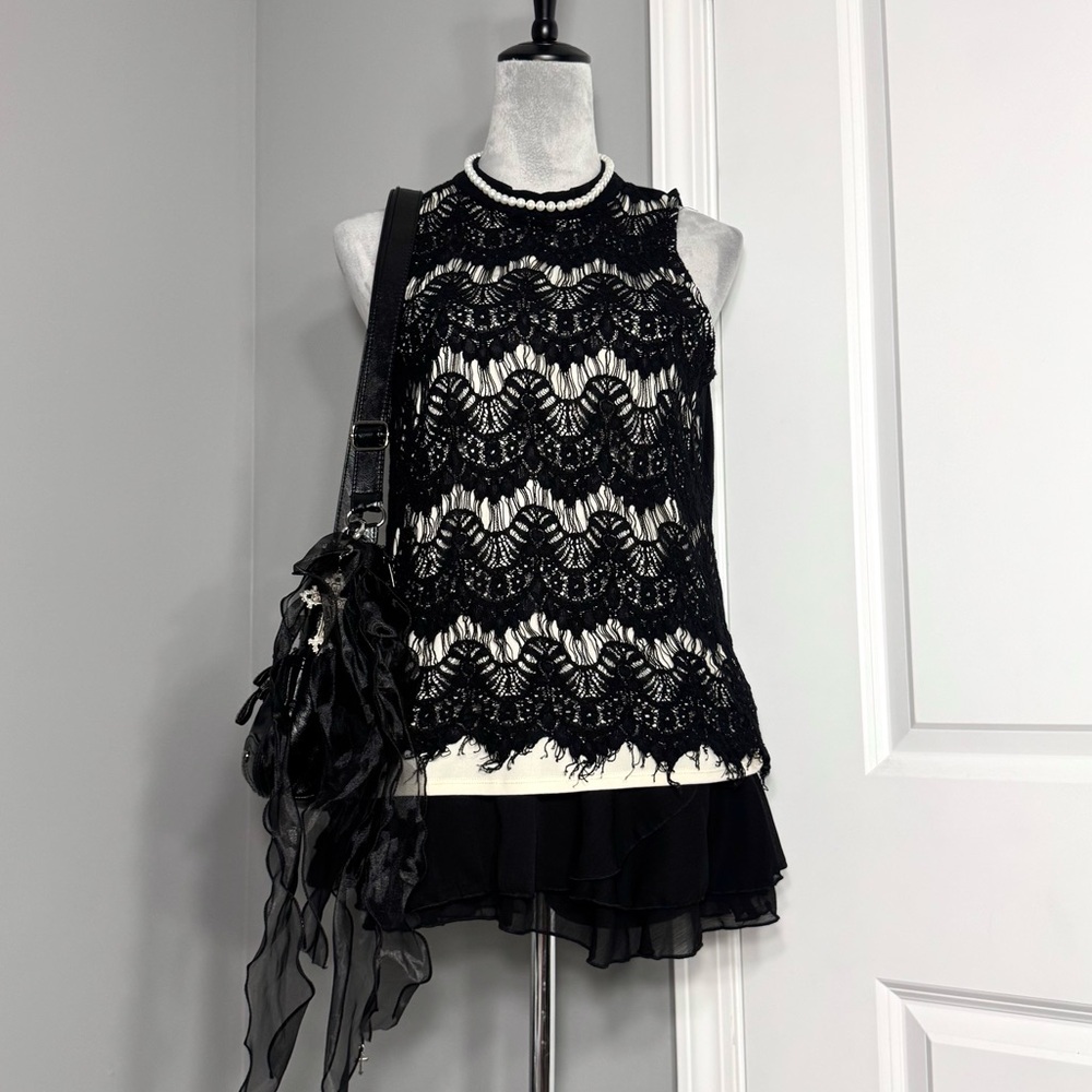 Tempted Black Layered Scallop Pattern Crochet Sleeveless Top with Fringe